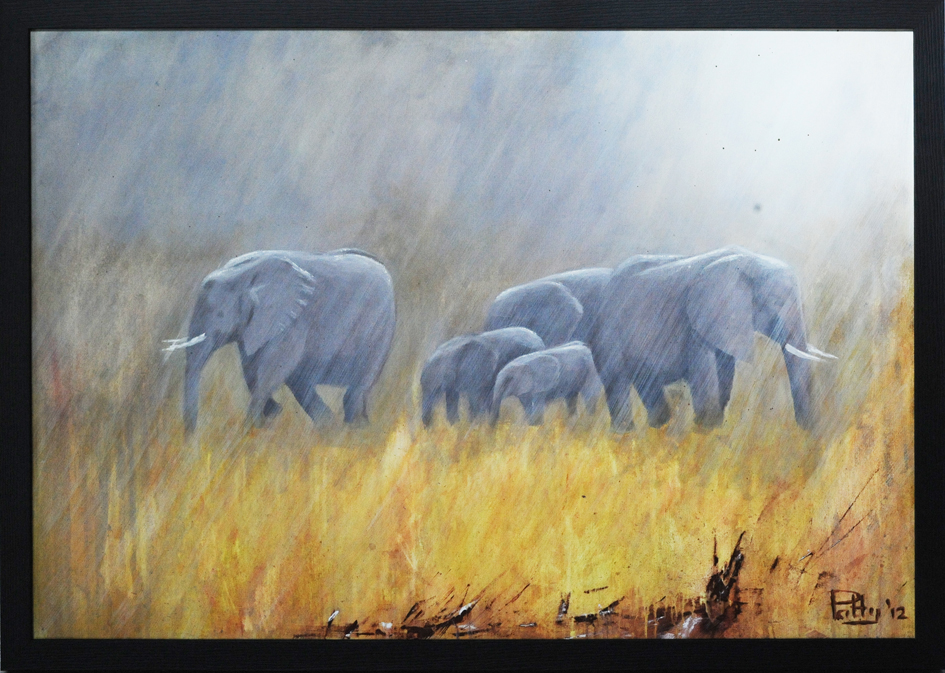 Olifanten in regen, 2012, 100 x 70, Acryl